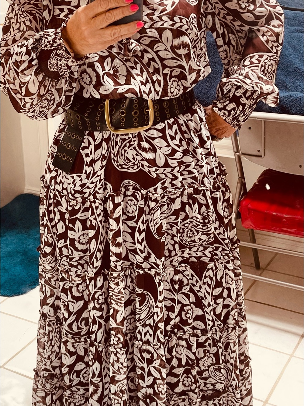 MSK Brown & White Floral Paisley Maxi Dress with Tie Neck &Elastic waist band. - Picture 11 of 12